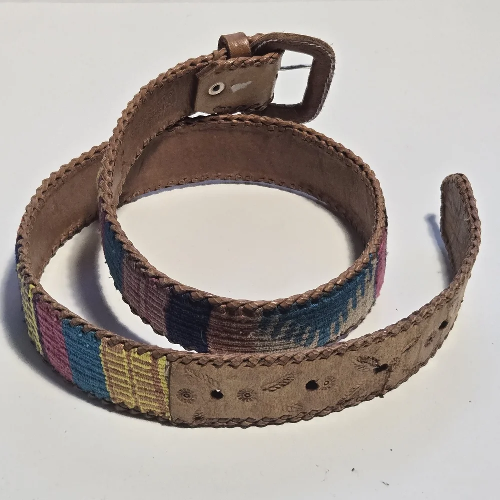 Vintage Guatemalan Handmade Leather & Woven Textile Belt Tan Multicolor Size 30